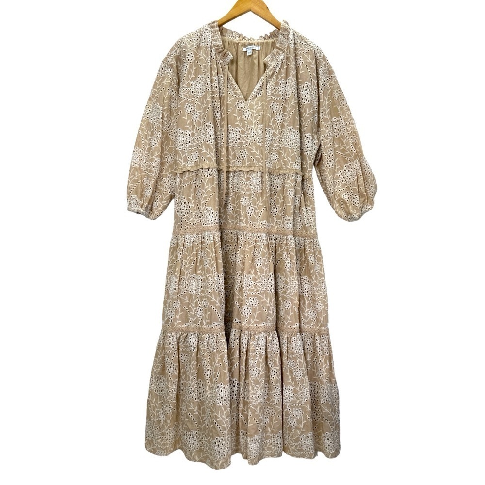 Chico's Eyelet Ruffle Neck Tiered Midi Dress Neutral - Picture 2 of 12